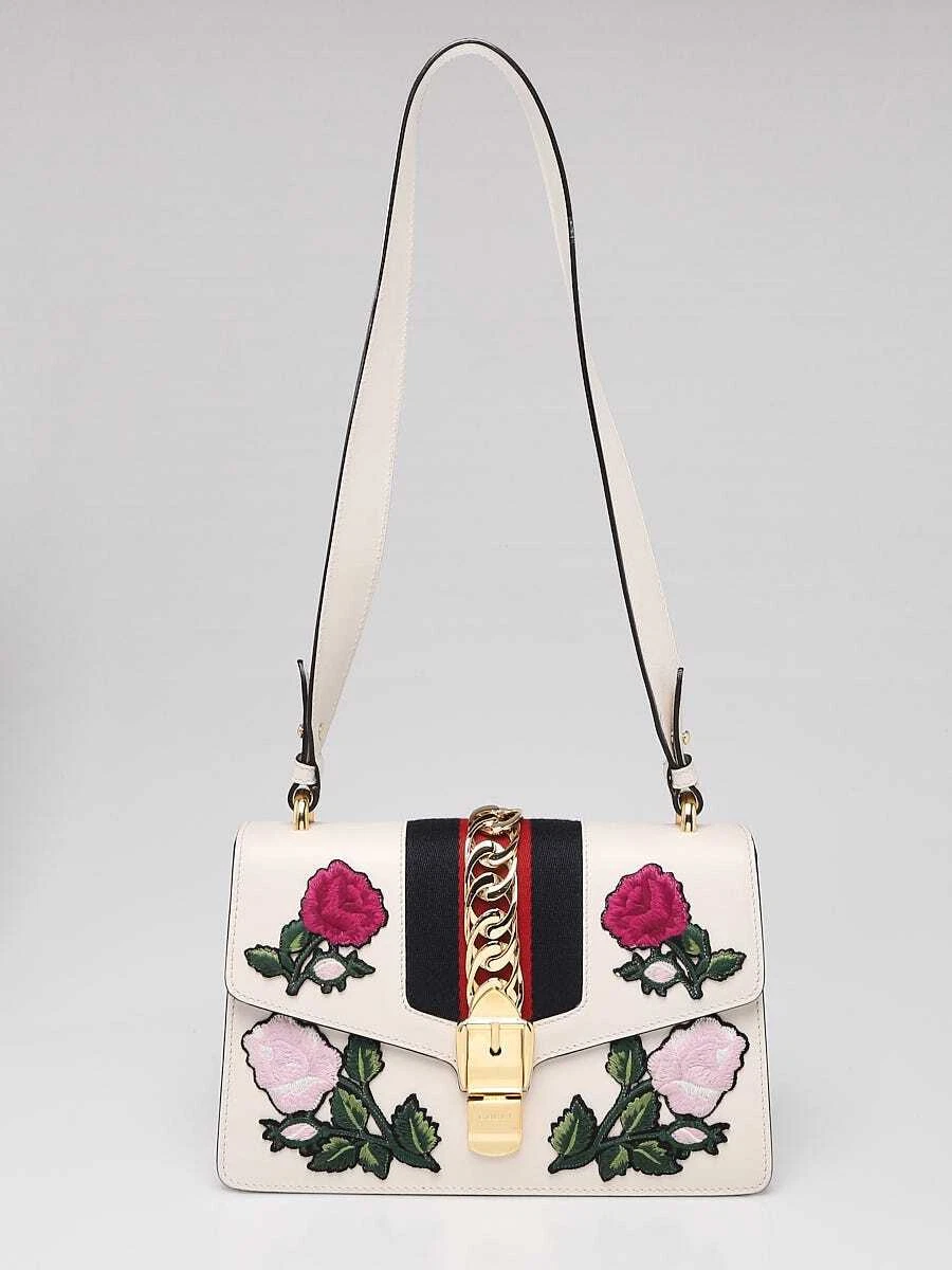 Gucci White Leather Floral Embroidery Small Sylvie Shoulder Bag eBay