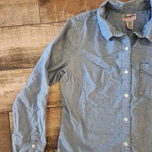 Wrangler Wrancher Shirt Women's Medium Blue Denim Long Sleeve Button-up - Picture 4 of 10