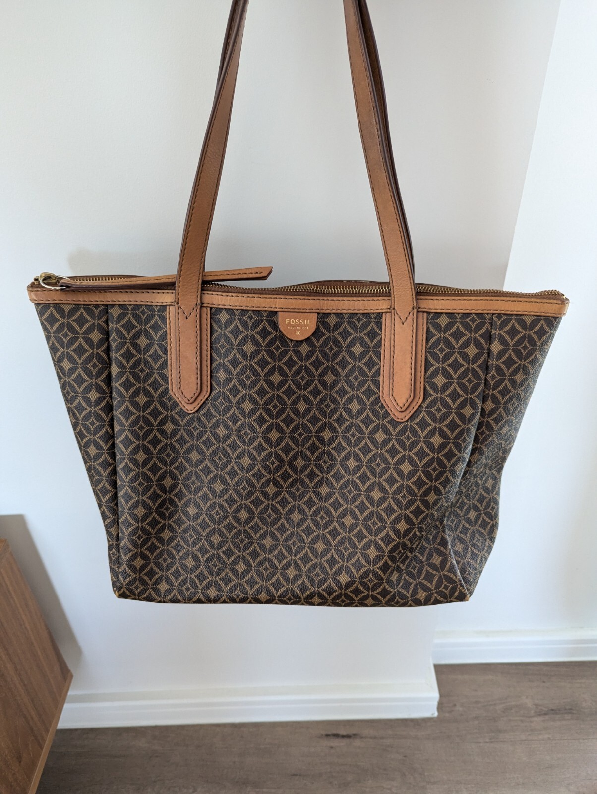 FOSSIL Sydney Signature Shopper Tote Brown Coated Canvas Large Shoulder Bag