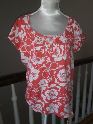 VGC Next Petite Sz2 UK6 Floral Orangist Red & Ivory Short Sleeve Top T25
