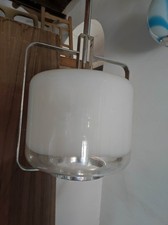 Lampadario Vintage Anni 70 Acciaio E Vetro Sfumato Bianco