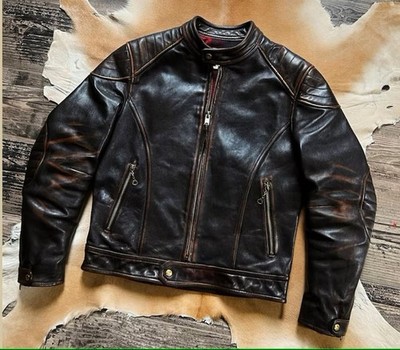 Men's Motorcycle Cowhide Leather Jacket Biker Quilted Cafe Racer Vintage 