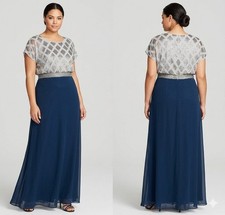 Adrianna Papell 20W Navy Blue Beaded Gown Mother of the Bride Formal Dress