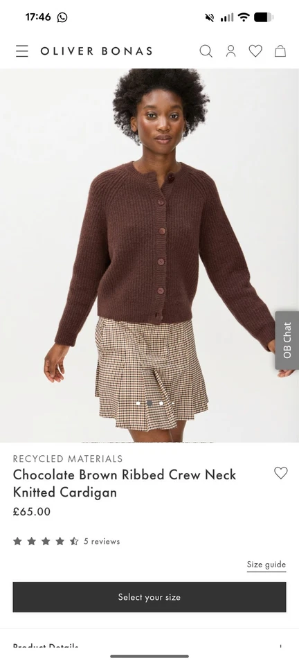 Oliver Bonas Chocolate Brown Ribbed Crew Neck Cardi Size 12 Sealed Brand + Tags - Image 3 of 4