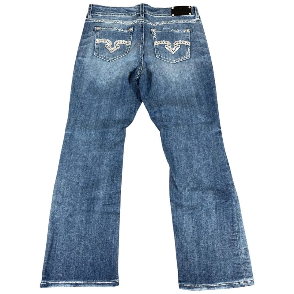 Pantalones de mezclilla para mujer Seven 7 38x32 desgastados lavado medio azul corte bota elástico recto Foto 2 de 4