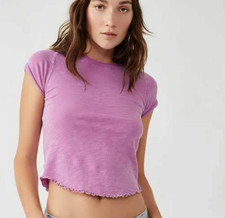 Free People Purple Short Sleeve Lettuce Hem Be My Baby Cotton Tee Sz XS