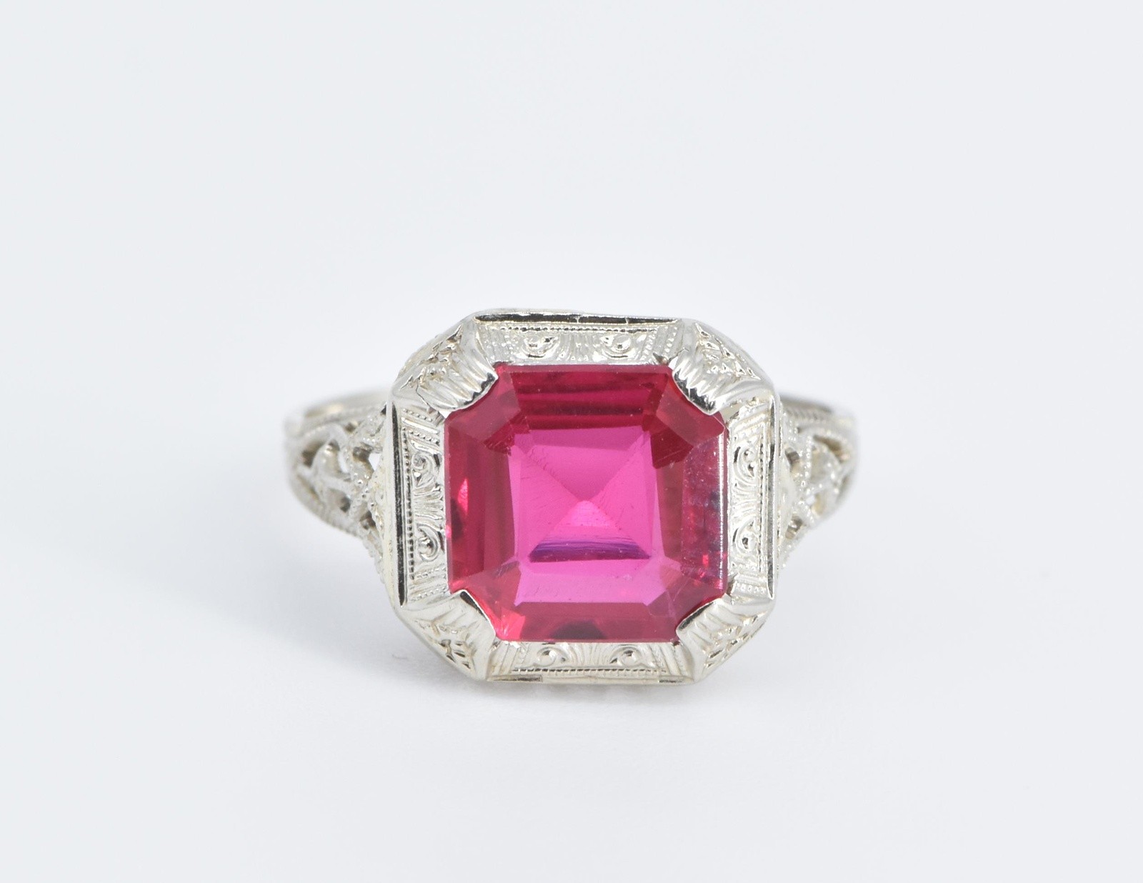 14K Art Deco Square Lab-Created Ruby Filigree Orn… - image 1