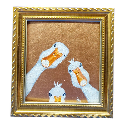 Funny Geese Original Oil Painting, Gold Framed Naive Art, Small Nursery Wall Art