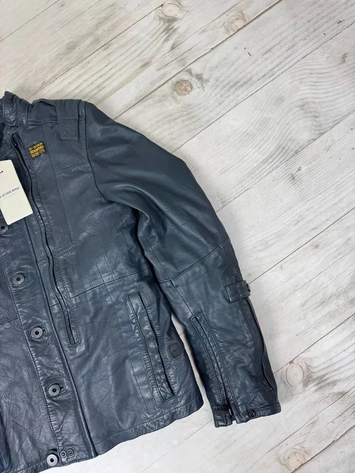 G Star Raw Finner Leather Jacket Biker Men Size S Blue - Image 4 of 4