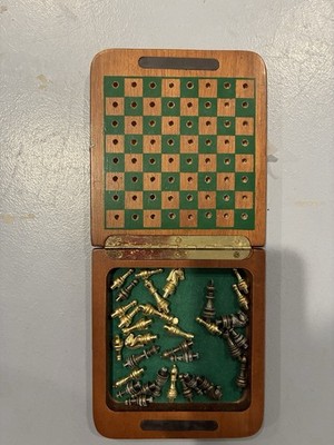 Pocket Travel CHESS Set Complete in Box Metal Pieces Nice!  Wood Board 5x5''