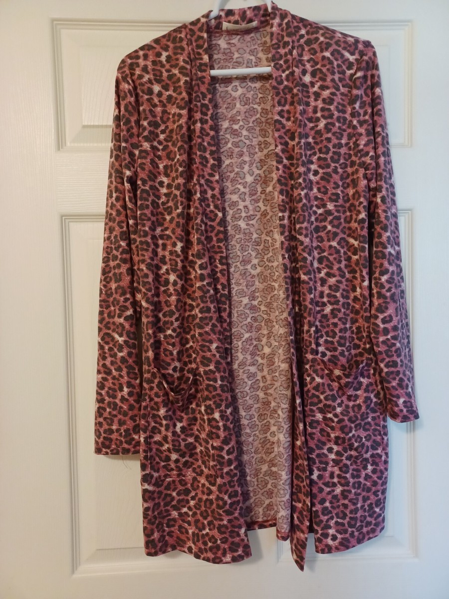 Zenana Womens Size L Pink Leopard Print Long Open Cardigan