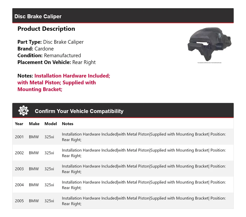 Pinza de freno de disco trasera derecha cardone 2002 2003 2004 bmw 325xi 2001-2005 Foto 2 de 4