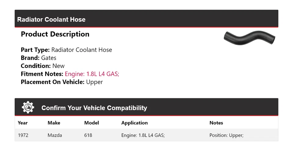 For 1972 Mazda 618 1.8L L4 GAS Radiator Coolant Hose Upper Gates - Image 2 of 4