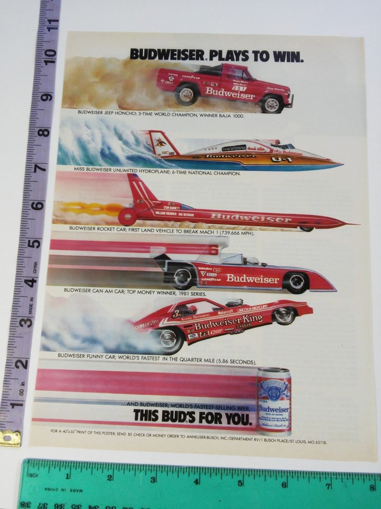 Magazine Clipping - rocket race cars hydroplane Budweiser beer Print Ad 80's