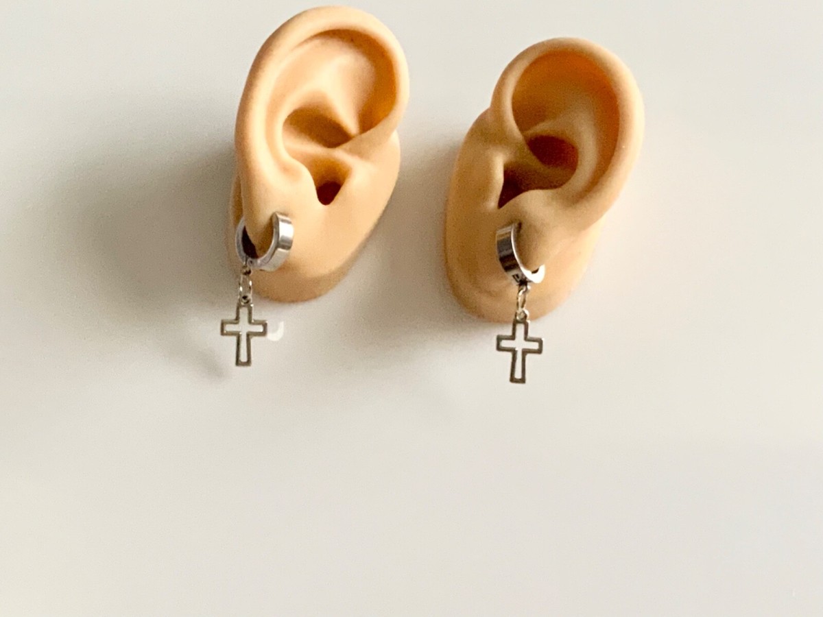 Silhouette Cross Religious Earrings Jewelry Guy Hoops Pierced or Clip On - Main Image
