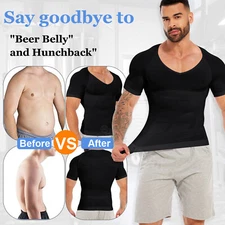US Mens Compression V-Neck T-Shirt Moobs Slimming Tummy Control Body Shaper Tops