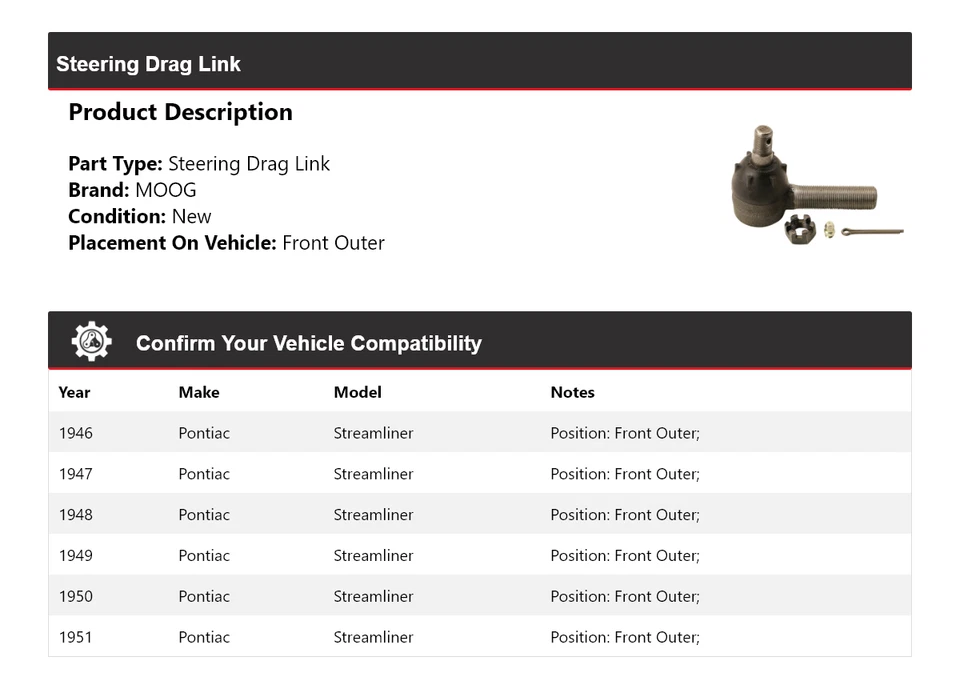 Для 1946-1951 Pontiac Streamliner рулевое тяговое звено переднее наружное MOOG 1946 1947 - Изображение 2 из 4
