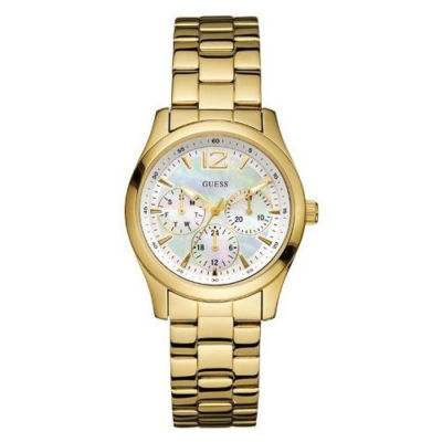 NEW GUESS GOLD TONE STAINLESS STEEL MULTI FUNCTION DATE,MOP DIAL WATCH-U11633L1