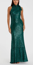MAC DUGGAL 11280 SEQUINED SOFT TIE HALTER NECK TEAL GOWN sz 10