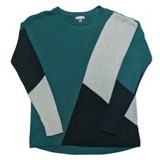 Smartwool Color Block Rib Knit Sweater M Teal Gray Black Merino Pullover Preppy