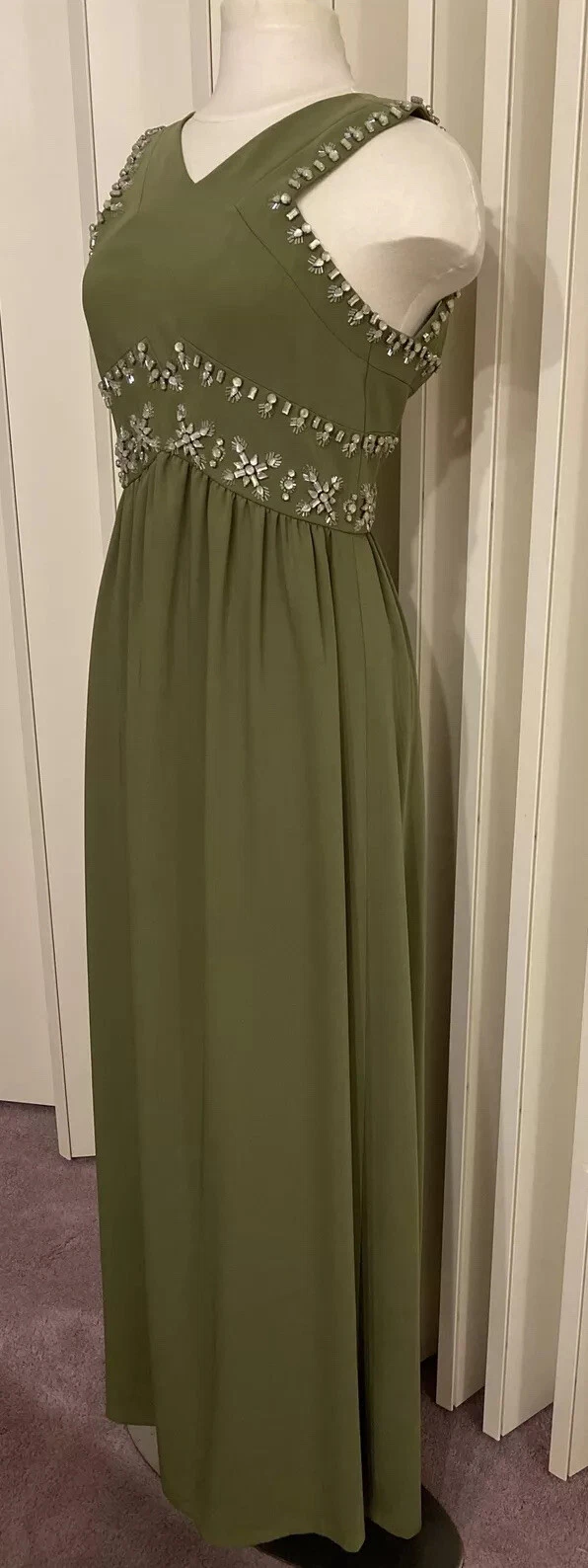 Abito nuovo senza etichette $1795 TORY BURCH 'LUISA' impreziosito ritagliato dietro colline verde taglia 2