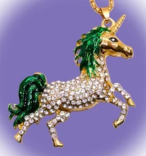 Sparkly Crystal & Translucent Green Enamel Unicorn Horse Betsey Johnson Necklace