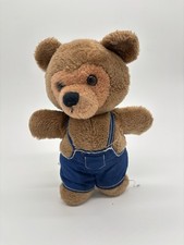 Vintage Dakin Brown Teddy Bear Plush in Blue Overalls 10 Stuffed Animal 1978