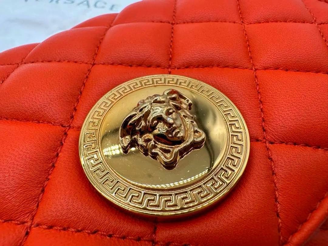 Versace Orange Leather Quilted Shoulder Bag Gold Medallion Used thumbnail 3