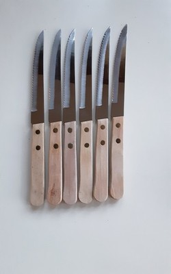 6 NEW Delco Steak Knives Wooden Handle Serrated Knife Medium Wood