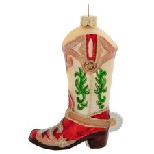Christmas Cowboy Boot Ornament, Blown Glass  Glittered, Ivory  Red NWT