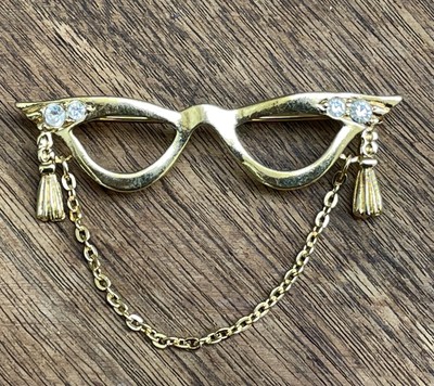 Vintage Rhinestone Brooch Cat Eye Glass Frames Eyeglass Signed