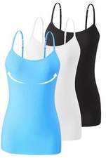 3 Pack Womens Camisole with Built in Bra Adjustable Small Black/White/Blue