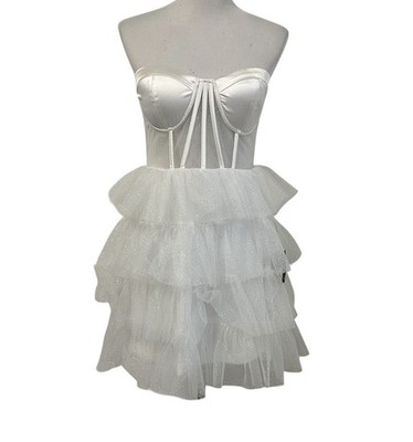 Lulus Glamorous Sensation White Sheer Tulle Tiered Bustier Mini Dress Sz Medium