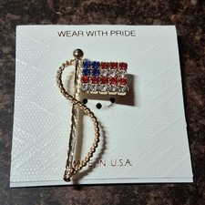 Made in USA American Flag on Pole Rhinestone Brooch Pin Goldtone Patriotic