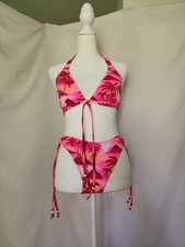 Y2K Liquid Girl Bikini TALL M/L Pink Tropical Palm Halter Beaded Made in USA