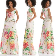 NWT Alfred Sung Off-The-Shoulder V-Neck Satin Maxi Gown Blush Bouquet D817FP