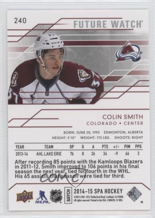 2014-15 SP Authentic Future Watch /999 Colin Smith #240 Rookie RC - Image 2 of 2