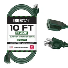 Weatherproof 10 Ft Outdoor Extension Cord - 16/3 SJTW Heavy Duty Green Extens...