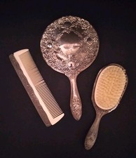 Vintage Godinger Vanity Dresser Set 3 Piece Silver Plate Hand Mirror Brush Comb