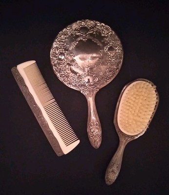 Vintage Godinger Vanity Dresser Set 3 Piece Silver Plate Hand Mirror Brush Comb