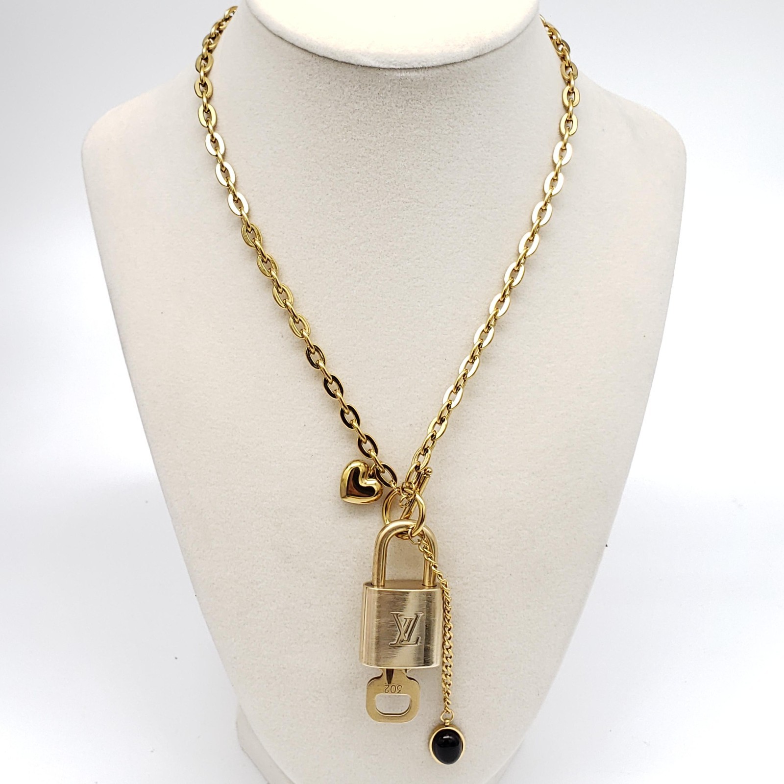 Authentic Louis Vuitton Gold Padlock with Unbranded Stainless Steel Chain