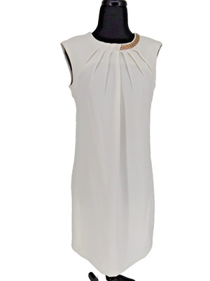 Julian Taylor Ivory Pleated Sheath Dress Size 8 Lined Expose Zip Modest Necklace