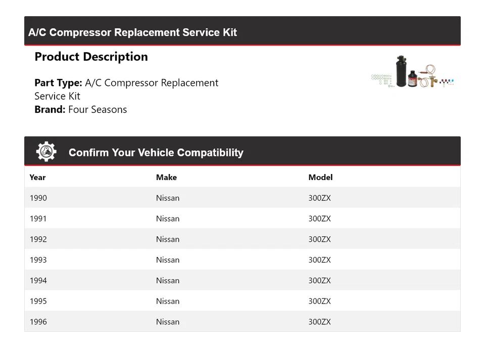 Kit de servicio de reemplazo de compresor de aire acondicionado Nissan 300ZX 1990-1996 4 estaciones 1991 Foto 2 de 4