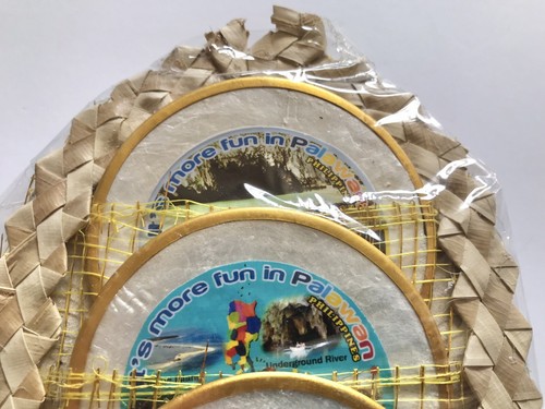 Juego de 6 posavasos Capiz Shell borde dorado 3 pulgadas de colección Palawan Filipinas recuerdo nuevo - Imagen 5 de 7