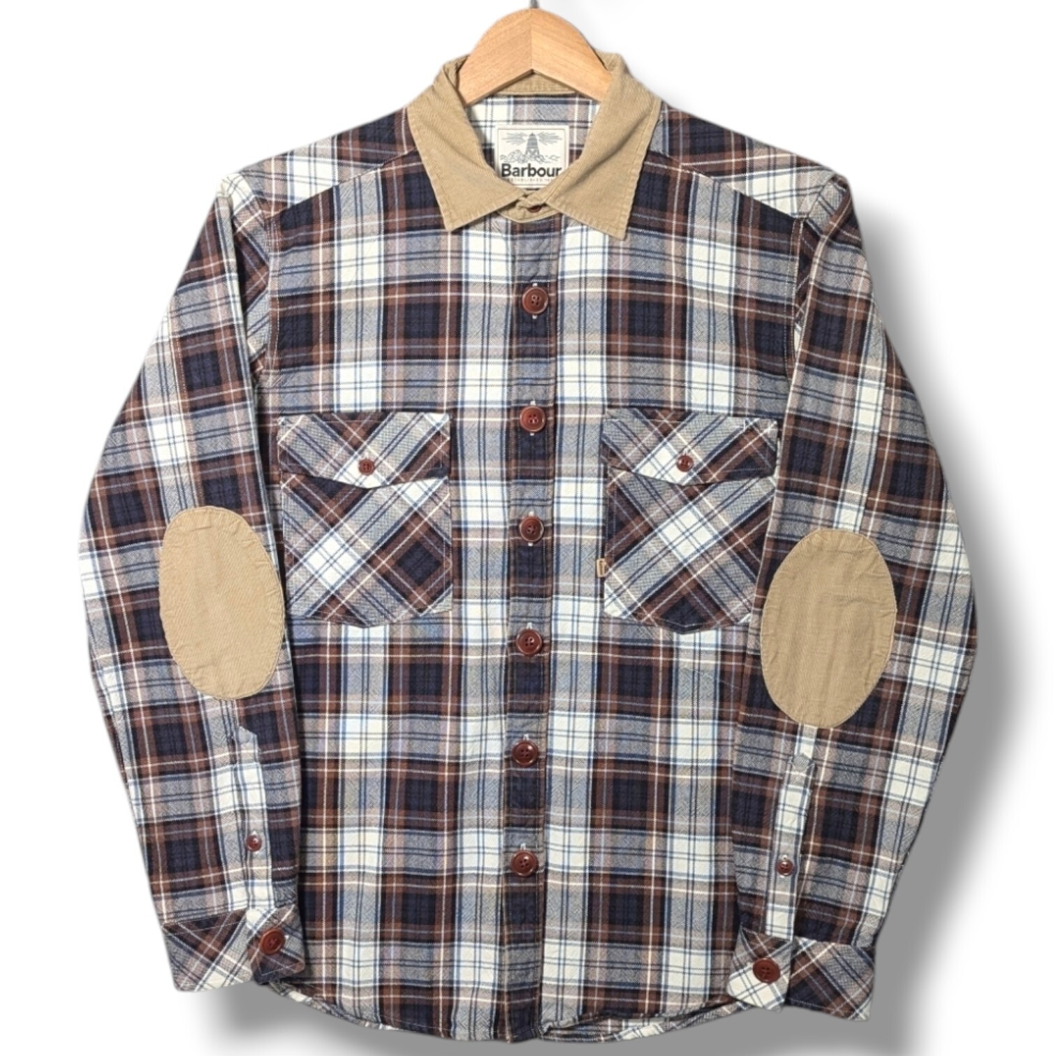 Barbour Flannel Shirt Men's Medium Corbridge Slim Fit Plaid Check Corduroy Patch-image