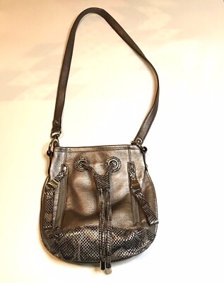 B Makowsky Pewter Black Leather Snakeskin Drawstring Bucket Crossbody Bag  Purse