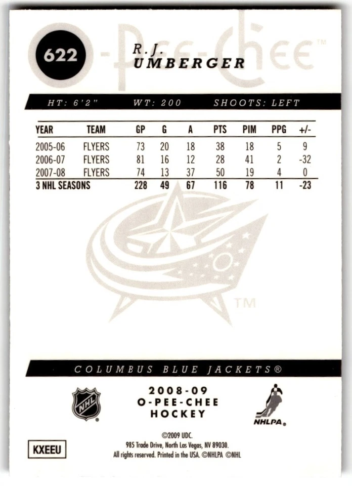 R.J. Umberger 2008-09 O-Pee-Chee Metal #622 Columbus Blue Jackets - Image 2 of 2