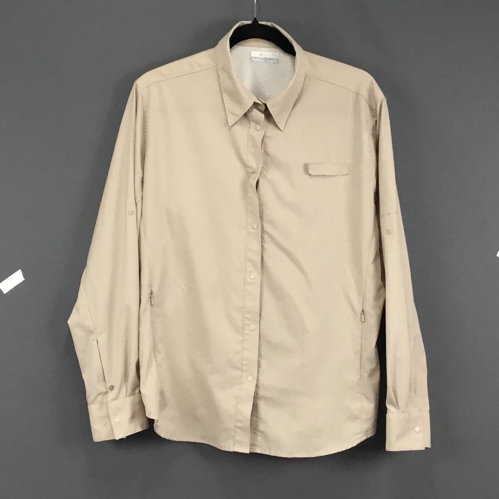Columbia Fishing Shirt Mens S Beige Performance Gear Snap Front Roll Tag Sleeve