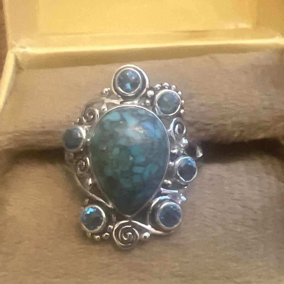 Anillo de Cuarzo Doblete Paraiba Turquesa y Celestial Turquesa AAA Mojave Plata Sajen 9 Foto 2 de 4