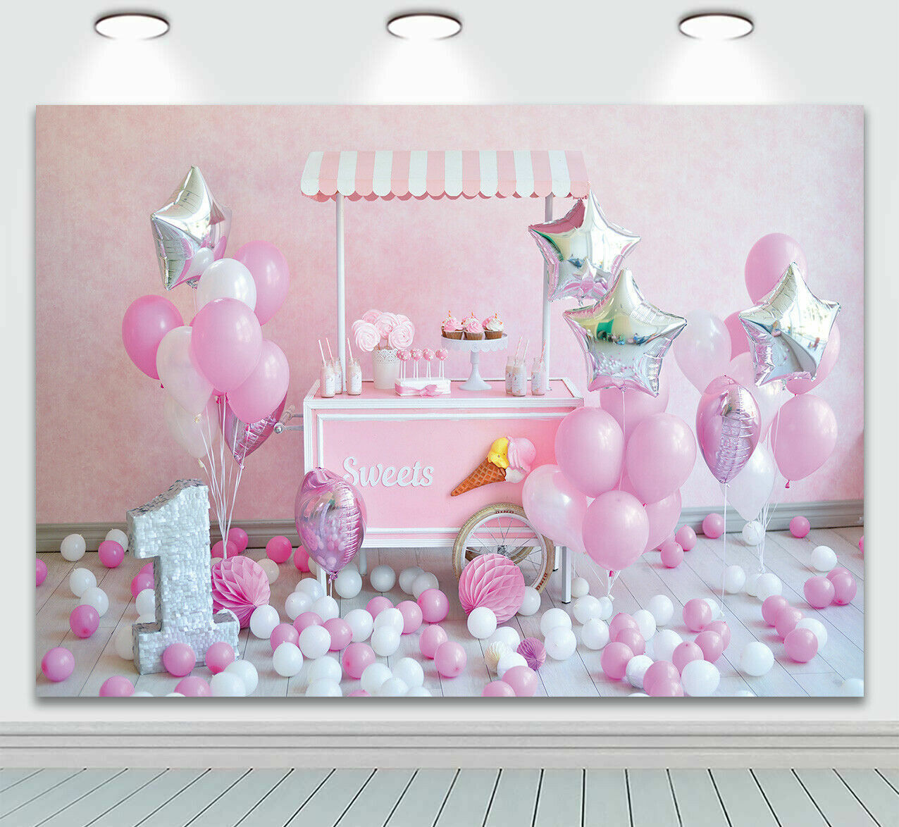 Girls 1st Birthday Party Backdrop Pink Balloon Stars Cake Table ...